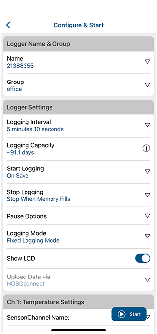 HOBOconnect configure and start screen