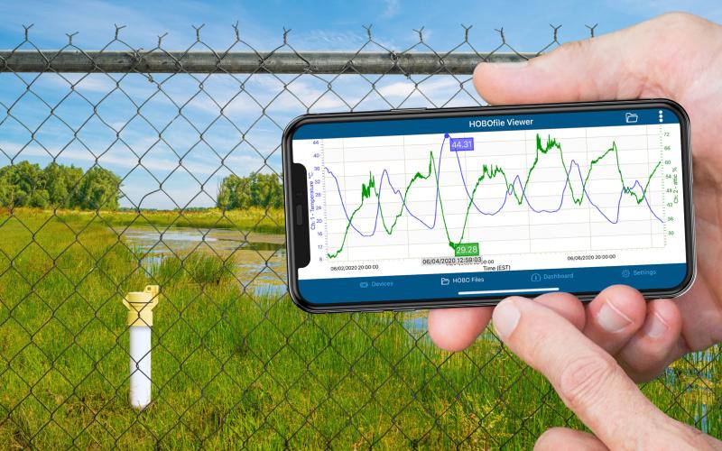 User reviewng data on a mobile phone in front of a fenced in marsh area