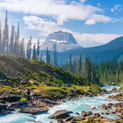 A view of a mountain, a forest and a river from the river valley.